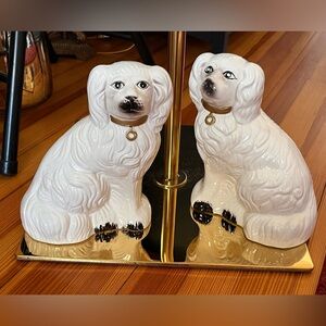 Pair of White Staffordshire Ceramic Spaniel Dog Statues with Gold Accents